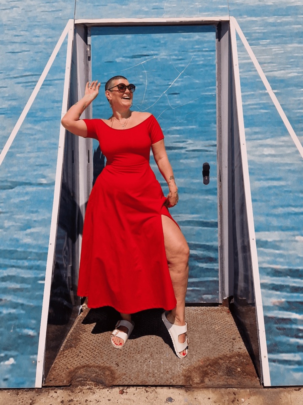 MANNERS LONDON Bardot Midi A-line Dress in Pomegranate Red XL